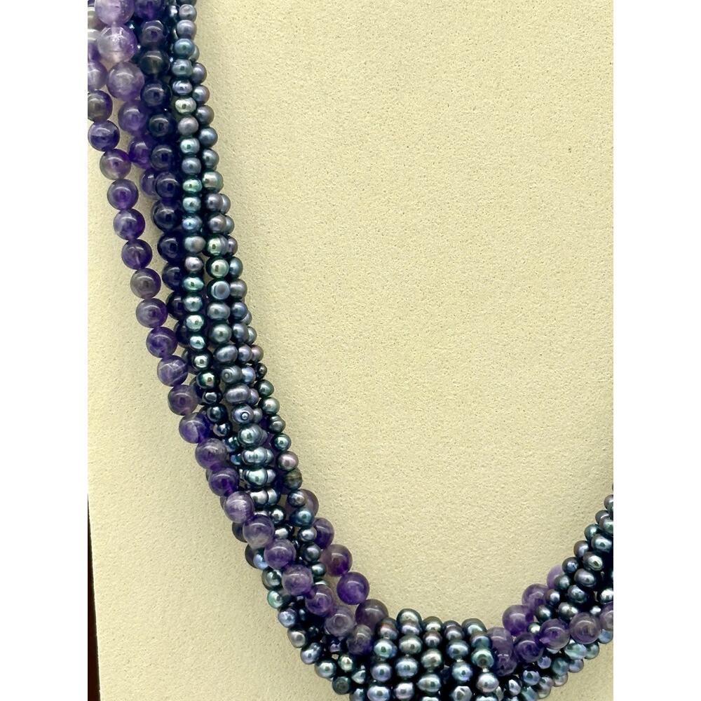 VTG Sterling Silver Natural Pearl Amethyst & Marcasite Statement Necklace Chunky - Picture 5 of 11